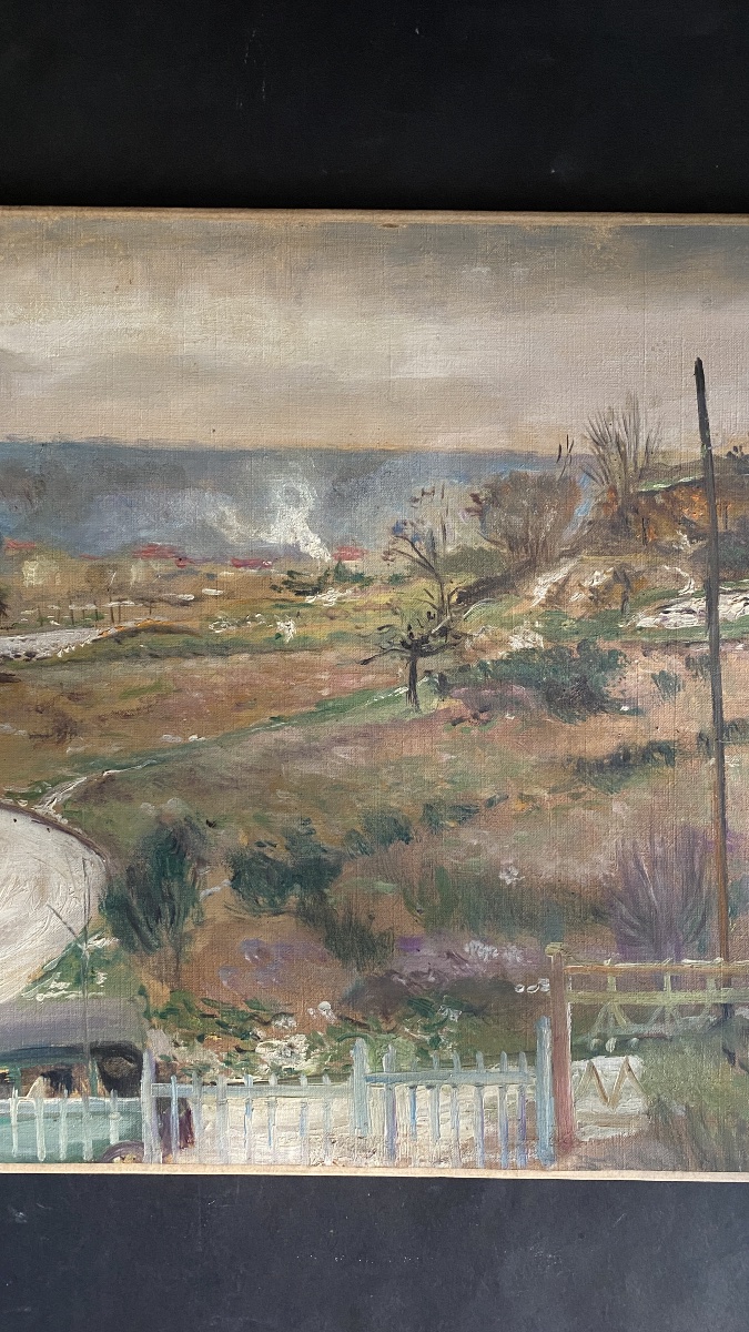 Lucien Adrion. « Paysage aux abords de Paris ». Huile sur toile début XXème. -photo-3