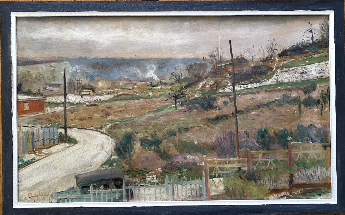 Lucien Adrion. « Paysage aux abords de Paris ». Huile sur toile début XXème. 