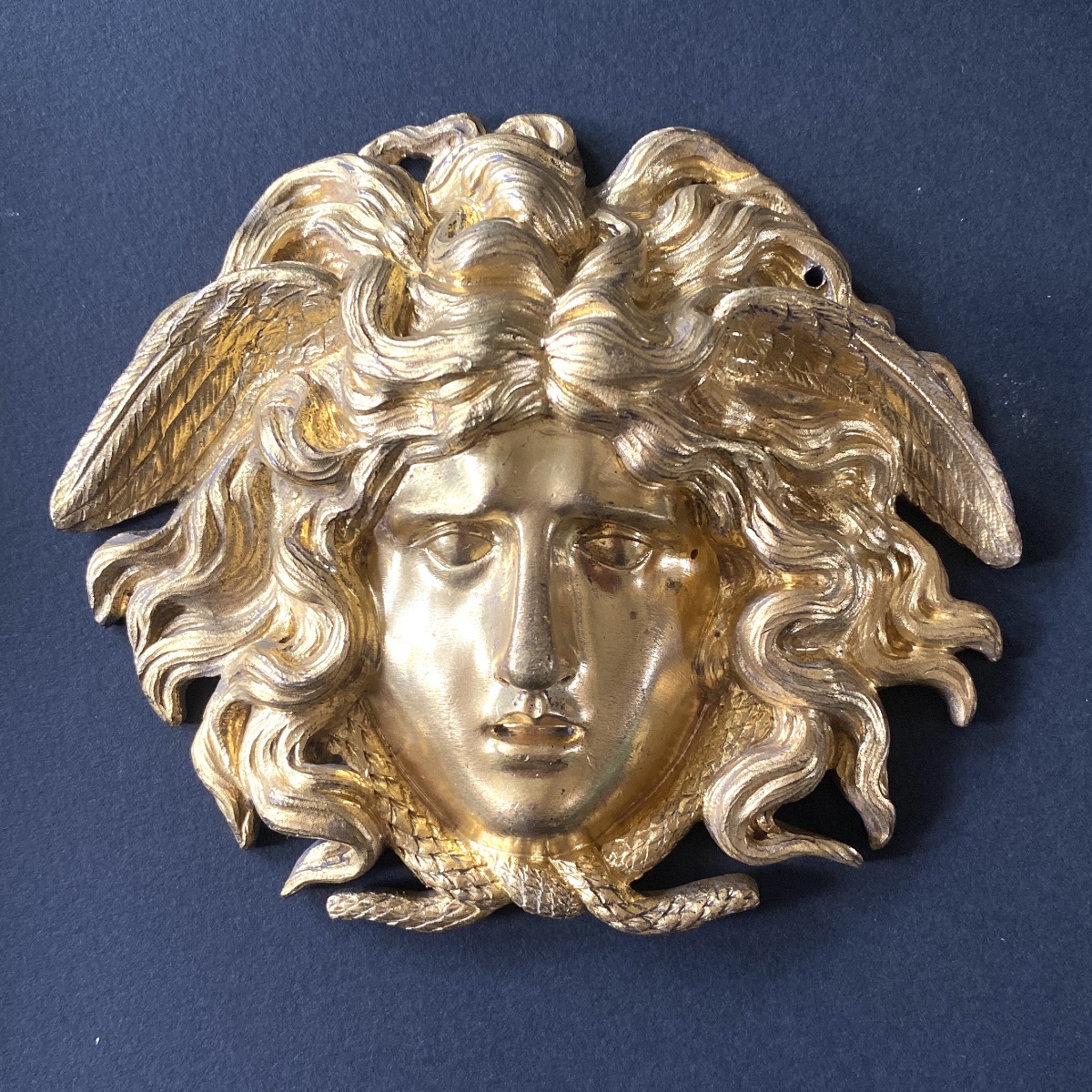 Head Of Medusa. 19th-century Gilded Bronze Ornament. 