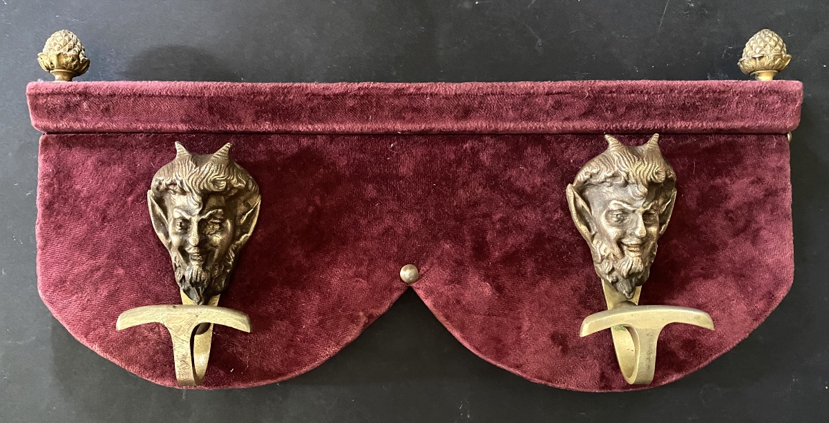 Curiosity. Coat Hooks. Late 19th-century Bronze And Velvet Coat Rack. Devil Heads. 