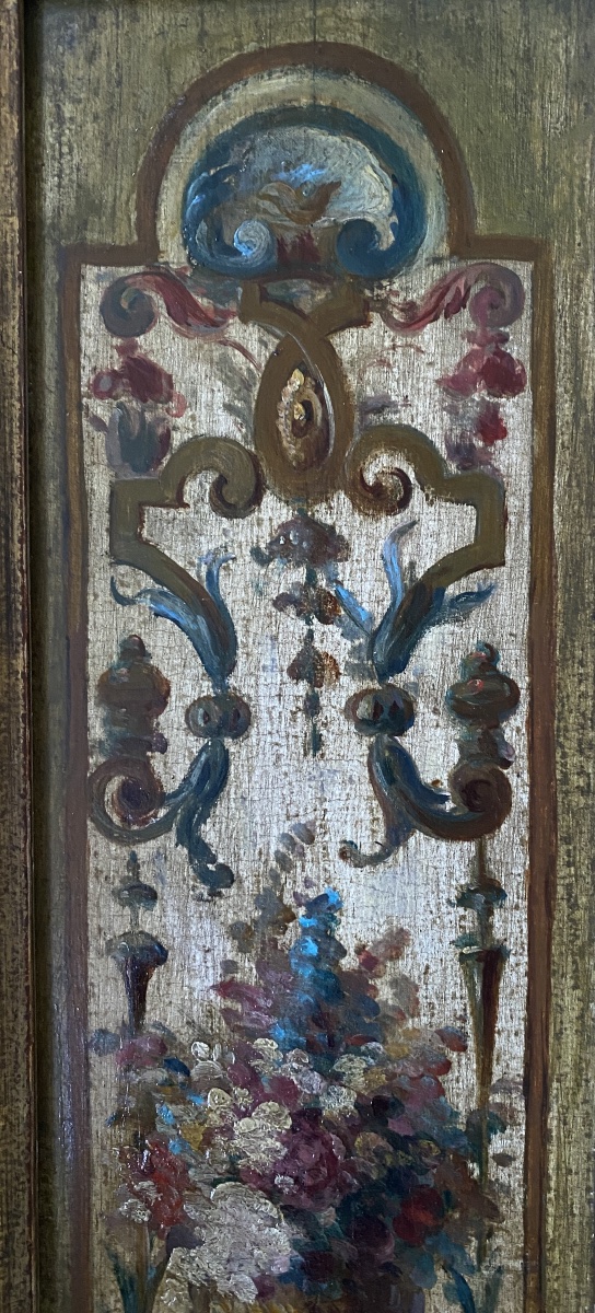 Panneau décoratif début XIXème. Huile sur bois. Motifs floraux et arabesques. -photo-3