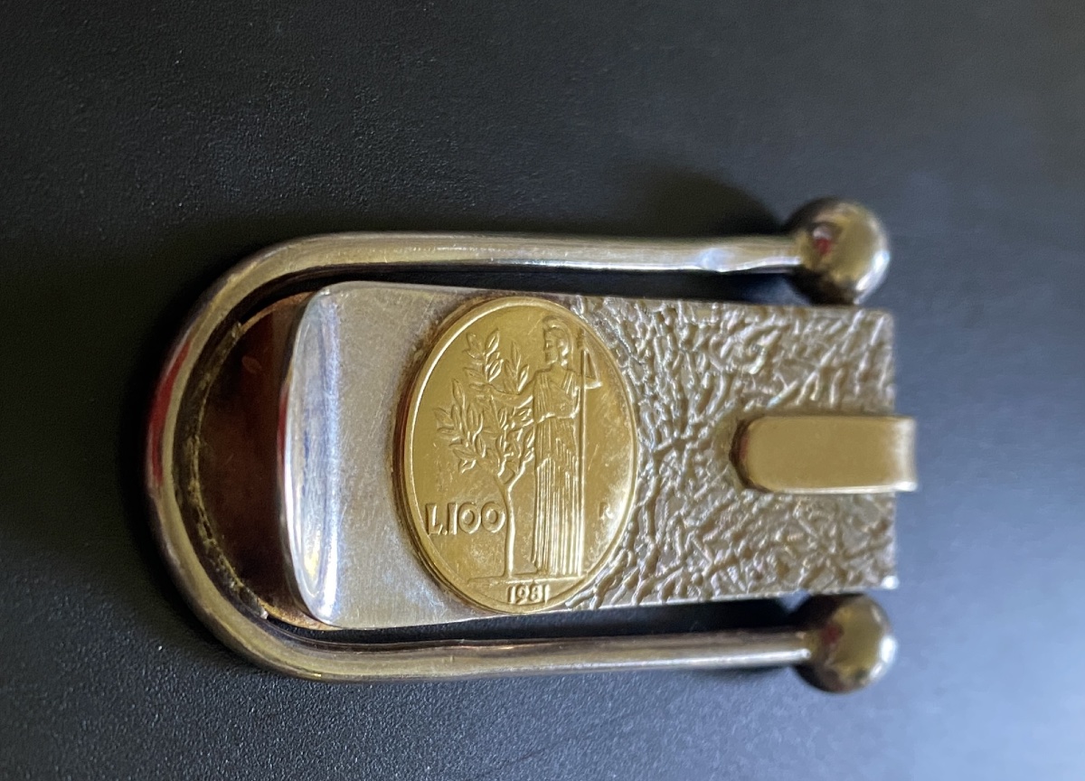 Pince à billets en argent 925 et or 18k. Décor pièce de 100 lires. Italie 1981.-photo-2