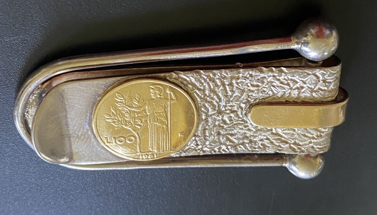Pince à billets en argent 925 et or 18k. Décor pièce de 100 lires. Italie 1981.-photo-3