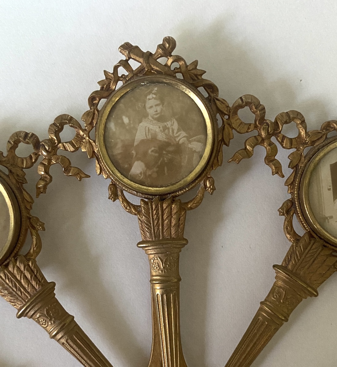 Gilded Brass Fan Shaped Photo Frame. Louis XVI Style. Early 20th. Holds Five Photos -photo-3