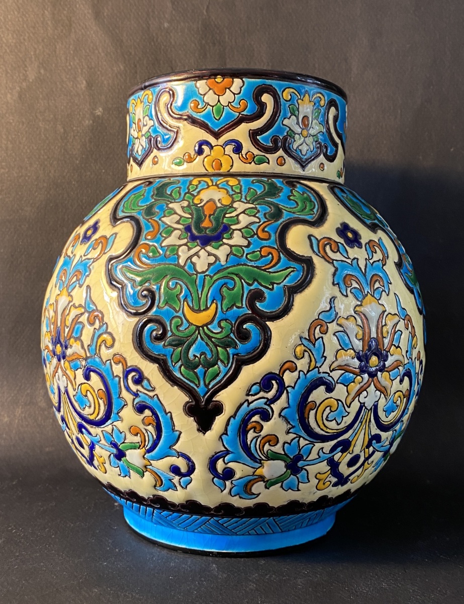 Jules Vieillard In Bordeaux. 19th- Earthenware Vase. Persian-style Decoration In Raised Enamel.-photo-2
