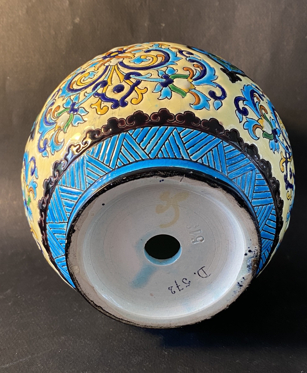 Jules Vieillard In Bordeaux. 19th- Earthenware Vase. Persian-style Decoration In Raised Enamel.-photo-1