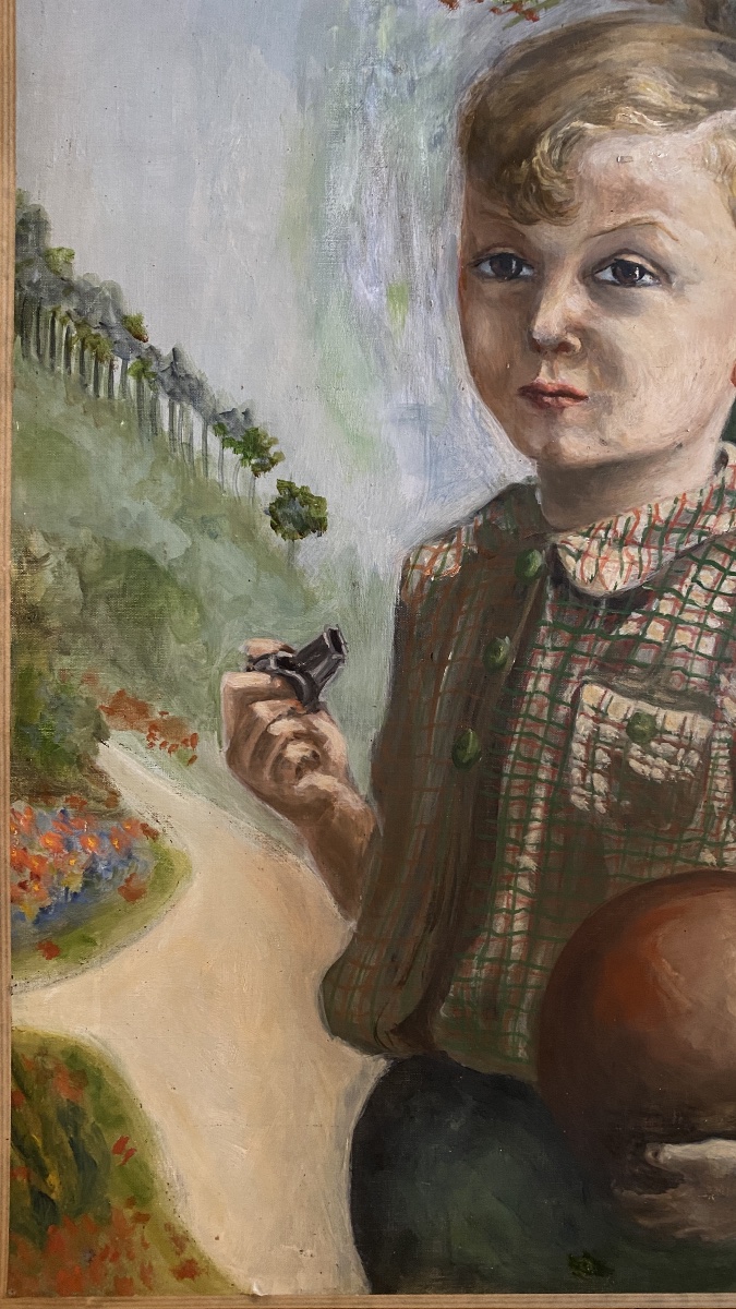 Portrait d’un jeune garçon. Huile sur toile. Ecole française milieu XXème. -photo-3