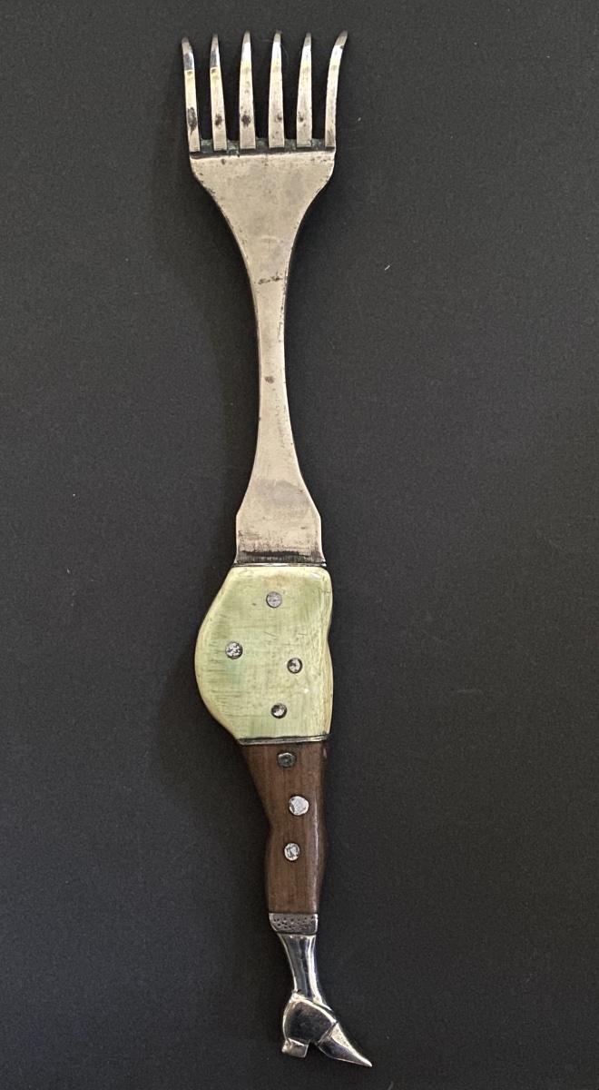 19th-century Serving Fork. Folk Art. Steel And Horn. Depicts A Woman's Torso. 
