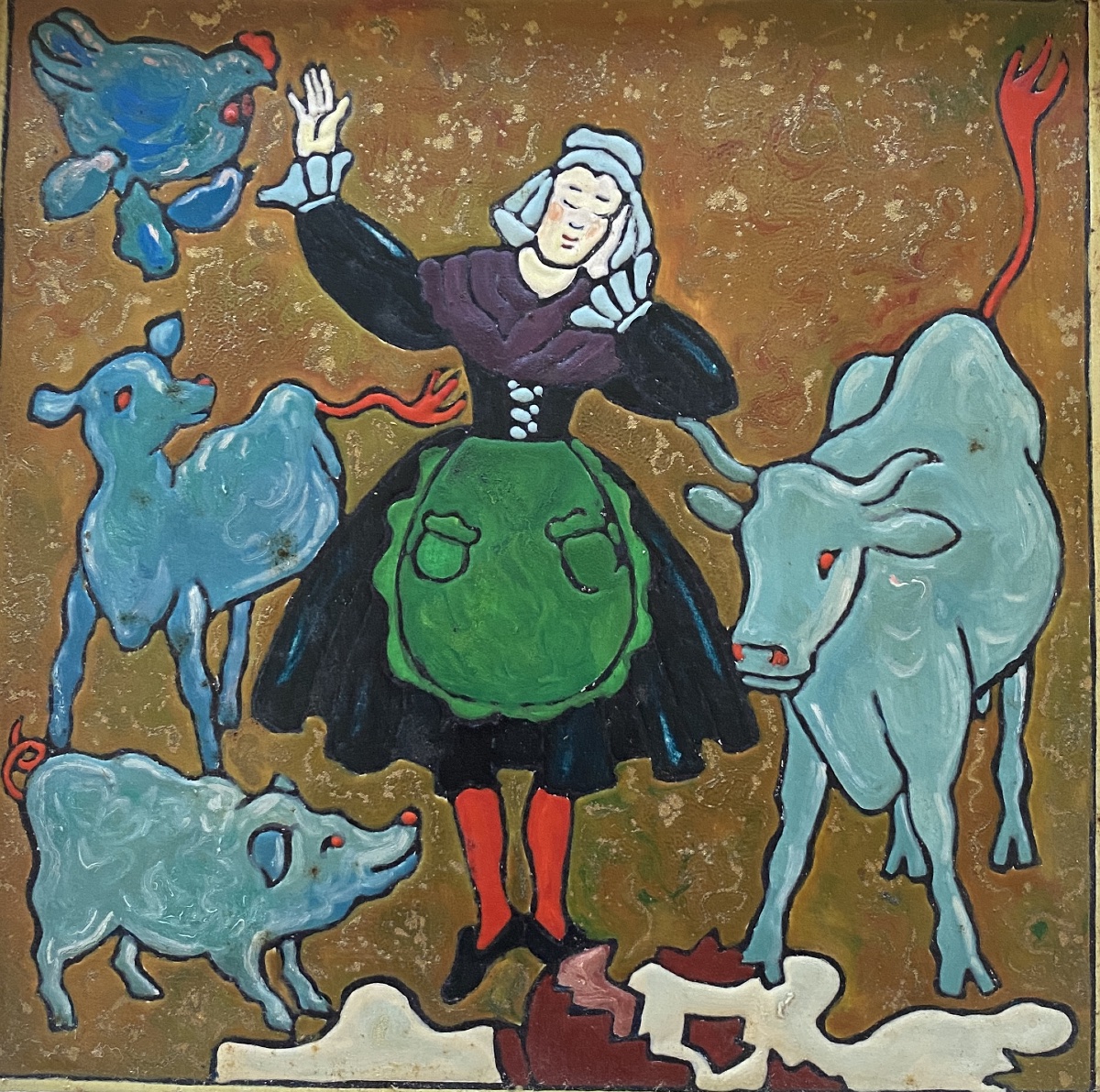 « La laitière et le pot au lait ». Huile sur panneau encadrée début XXème. F. Moulière. -photo-2