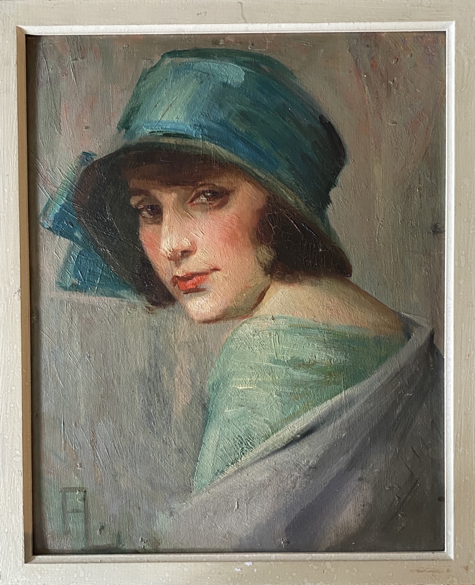 Augusta Lafitau. Art Deco Portrait Of An Elegant Young Woman. Oil On Cardboard, Early 20th Century.  