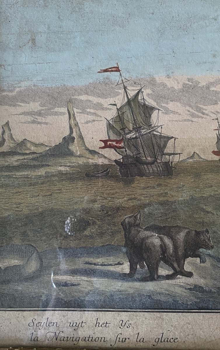 « La navigation sur la glace ». Gravure rehaussée 18ème. Marine polaire. Pêche à la baleine. -photo-2