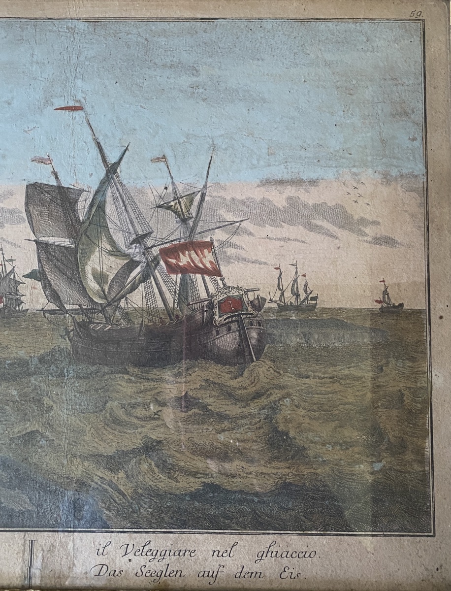 « La navigation sur la glace ». Gravure rehaussée 18ème. Marine polaire. Pêche à la baleine. -photo-3
