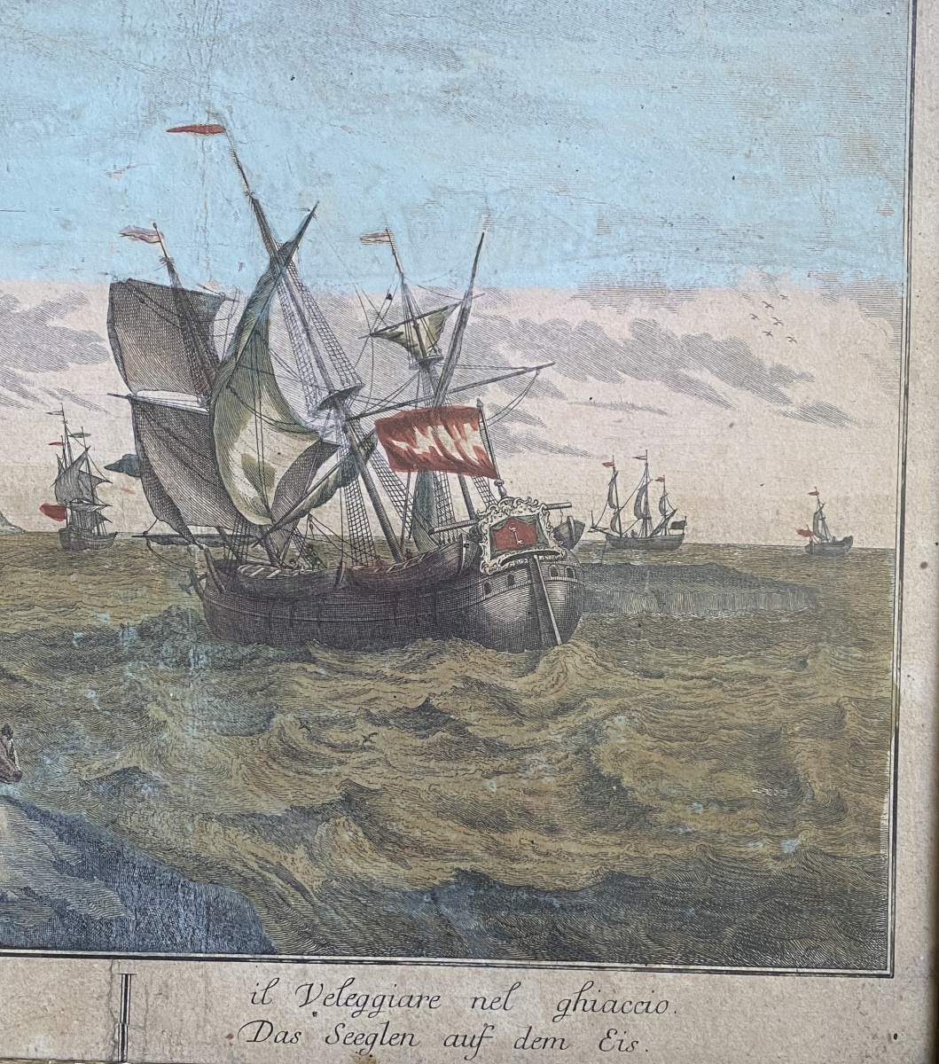 « La navigation sur la glace ». Gravure rehaussée 18ème. Marine polaire. Pêche à la baleine. -photo-4