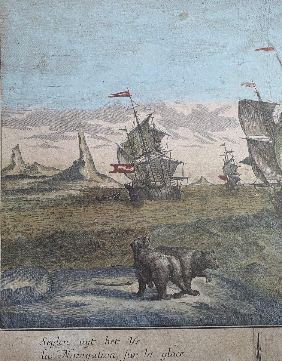 « La navigation sur la glace ». Gravure rehaussée 18ème. Marine polaire. Pêche à la baleine. -photo-1