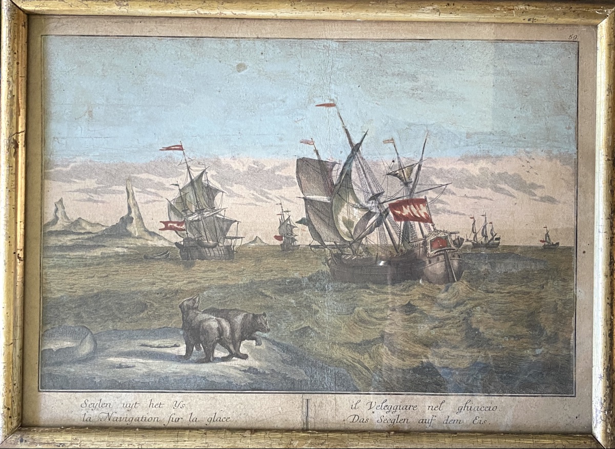 « La navigation sur la glace ». Gravure rehaussée 18ème. Marine polaire. Pêche à la baleine. 