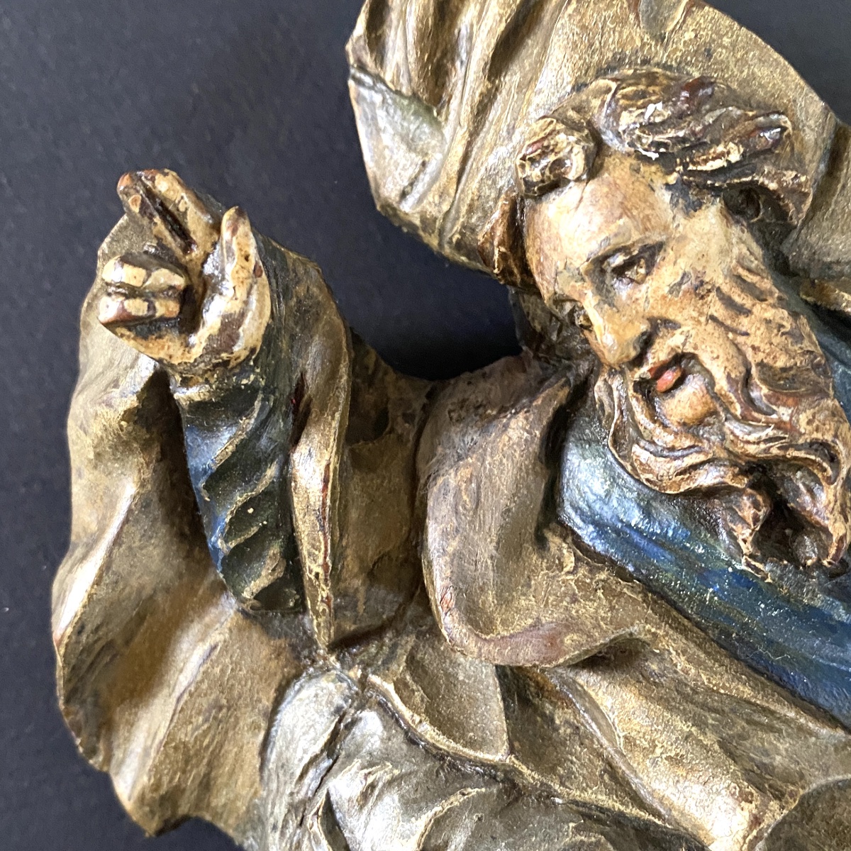 «Dieu le Père et le Saint Esprit». Sculpture en haut relief polychrome de style baroque XIXème.-photo-2