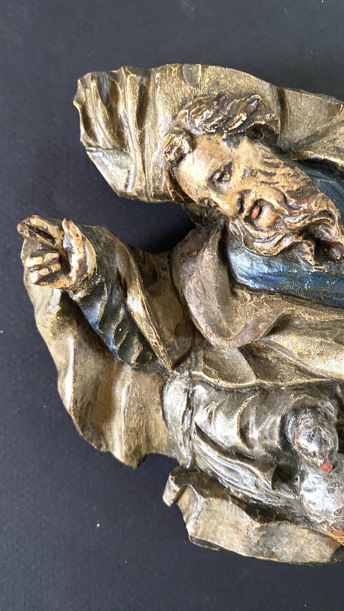 «Dieu le Père et le Saint Esprit». Sculpture en haut relief polychrome de style baroque XIXème.-photo-1