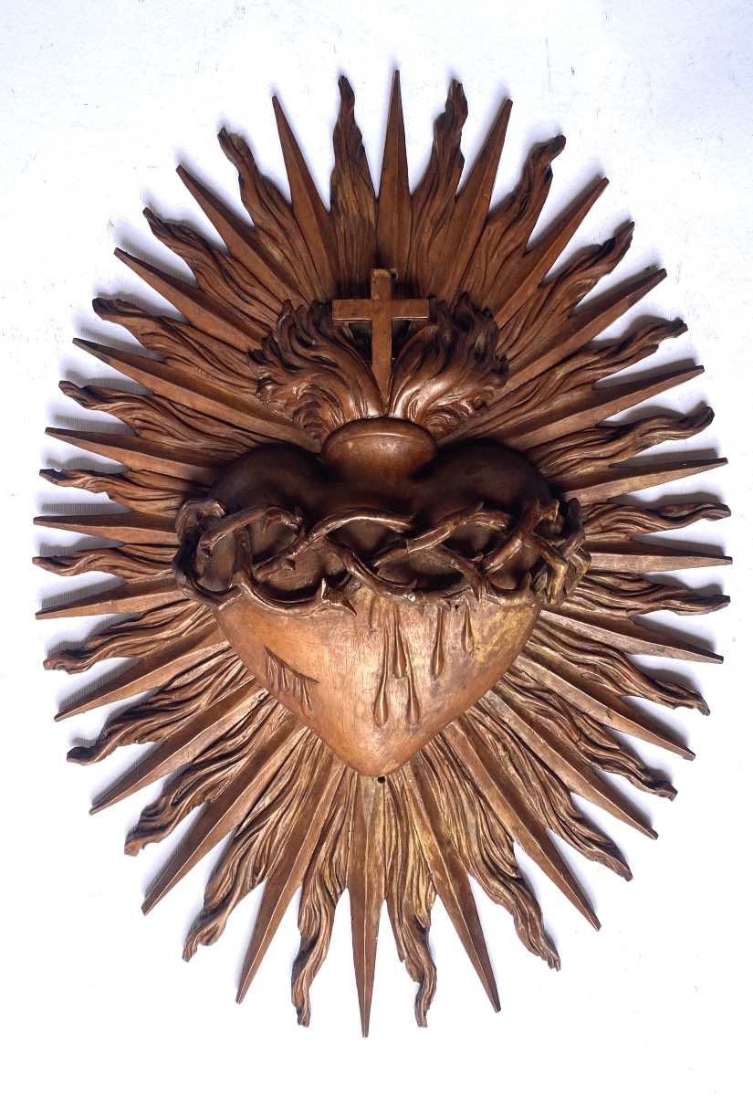 Burning Heart. Heart Of Jesus. Carved Wood. 19th-century Religious Art. 