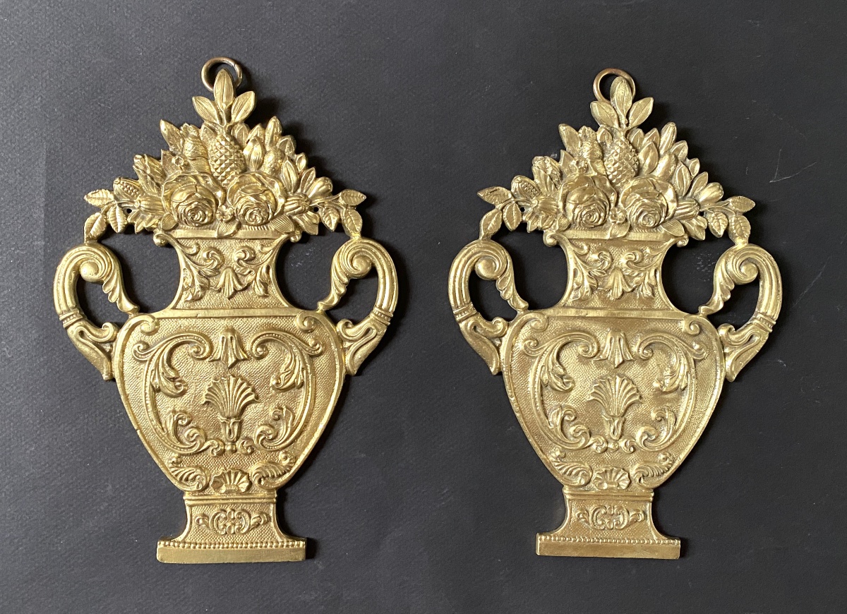 Pair Of Decorative Plaques. 19th-century Bronze Bas-relief. Vases With Flowers.