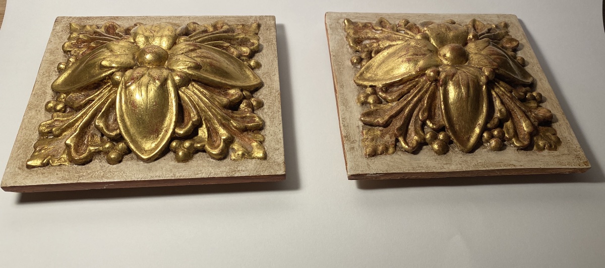 Pair Of Ornaments. Carved Wood Gilded With Gold Leaf. Floral Design In Relief. Mid-20th.-photo-2