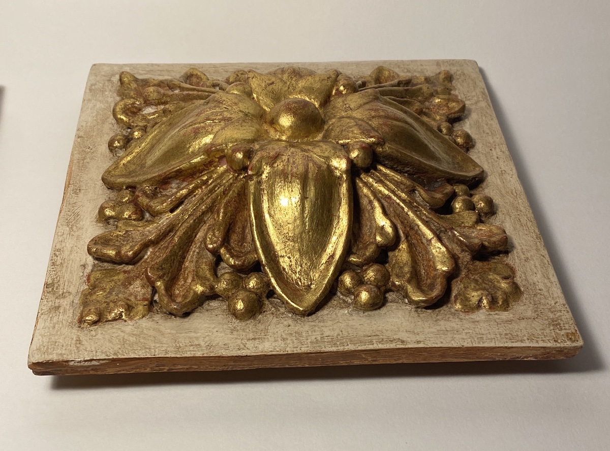 Pair Of Ornaments. Carved Wood Gilded With Gold Leaf. Floral Design In Relief. Mid-20th.-photo-2