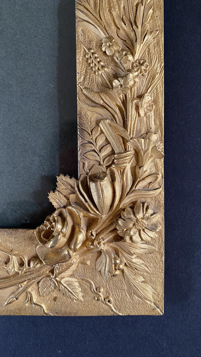 Cadre en bronze doré XIXème. Décor en relief fleurs, papillons et oiseau. -photo-4