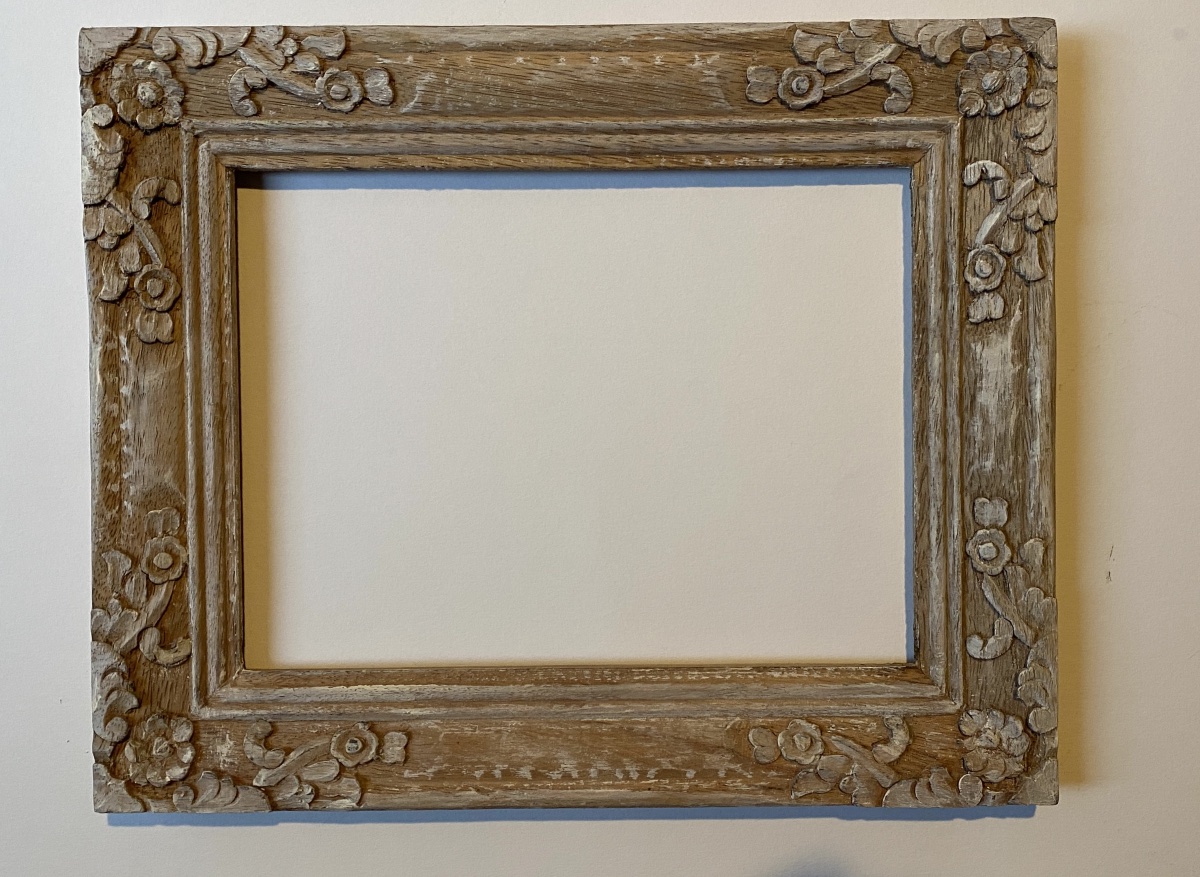 20th-century Carved And Whitewashed Wooden Frame. Floral Relief Design. 