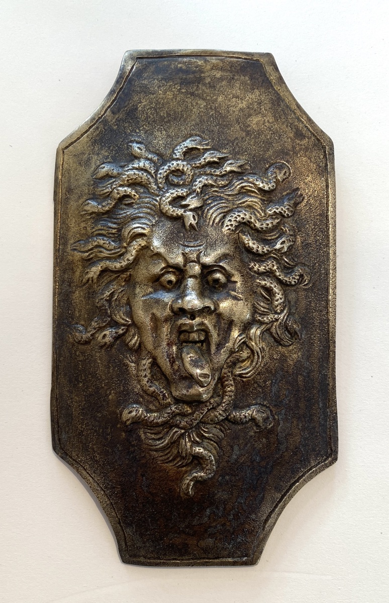 Large 19th-century Bronze Wall Sconce. Decorative Bas-relief. Head Of Medusa. 