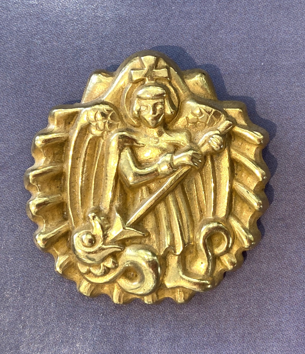 Paule Ingrand And Arthus Bertrand. Gold-plated Brass Pendant. St. Michael Slaying The Dragon. 