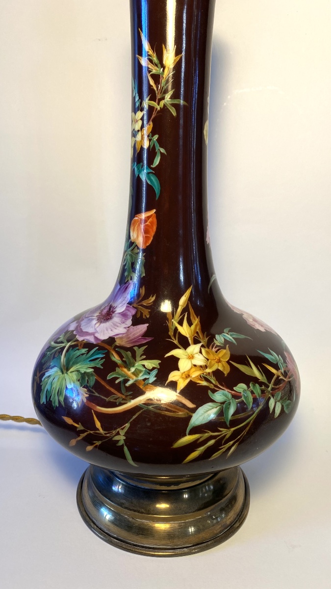 19th-century Table Lamp Base. Porcelain And Brass. Floral Design. -photo-1