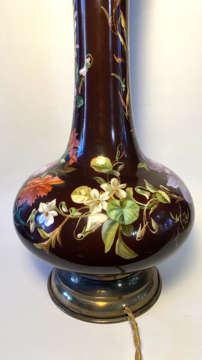 19th-century Table Lamp Base. Porcelain And Brass. Floral Design. -photo-3