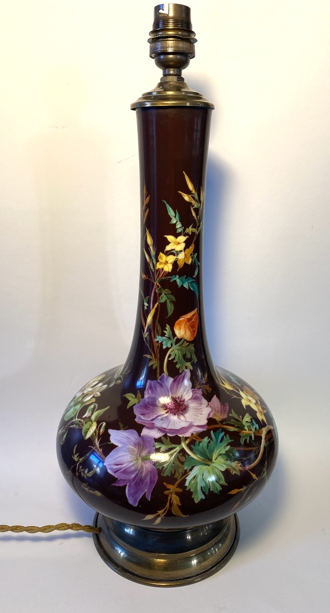 19th-century Table Lamp Base. Porcelain And Brass. Floral Design. 
