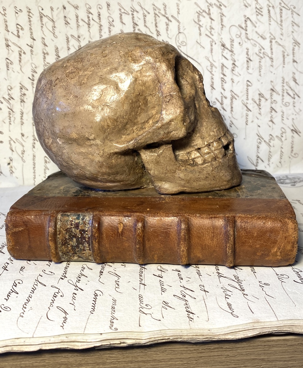 Presse-papiers XIXème. Memento Mori. Vanité. Crâne en plâtre patiné sur livre ancien. -photo-1