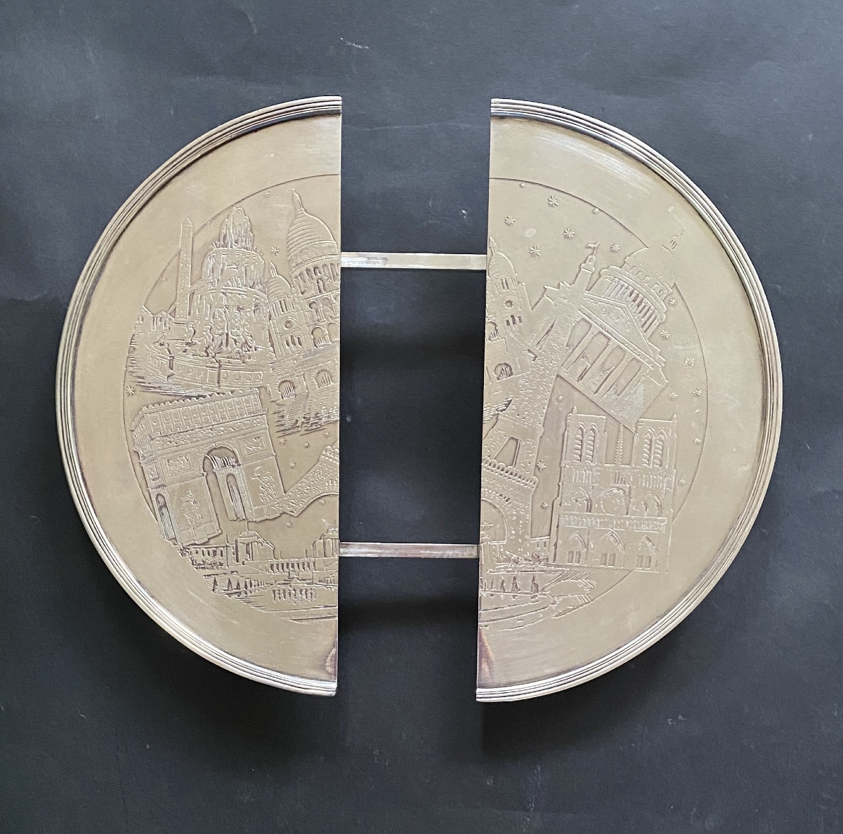 Expandable Silver-plated Metal Trivet. France, Early 20th. Engraved With Parisian Monuments -photo-2