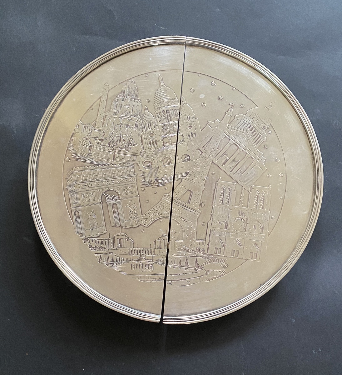 Expandable Silver-plated Metal Trivet. France, Early 20th. Engraved With Parisian Monuments 