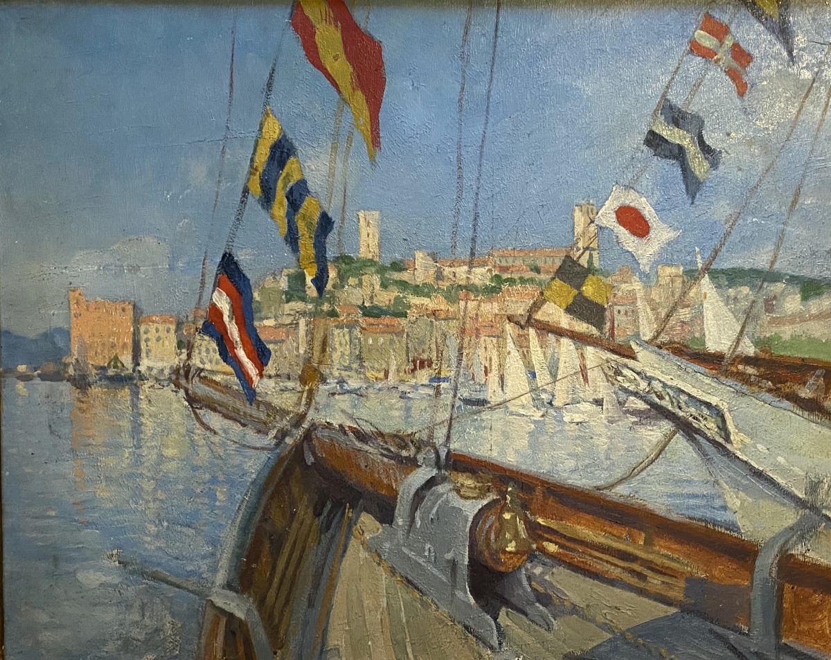 “ Ships Flying Flags. Port Of Cannes.” Framed Oil On Cardboard. Early 20th- French School.-photo-2