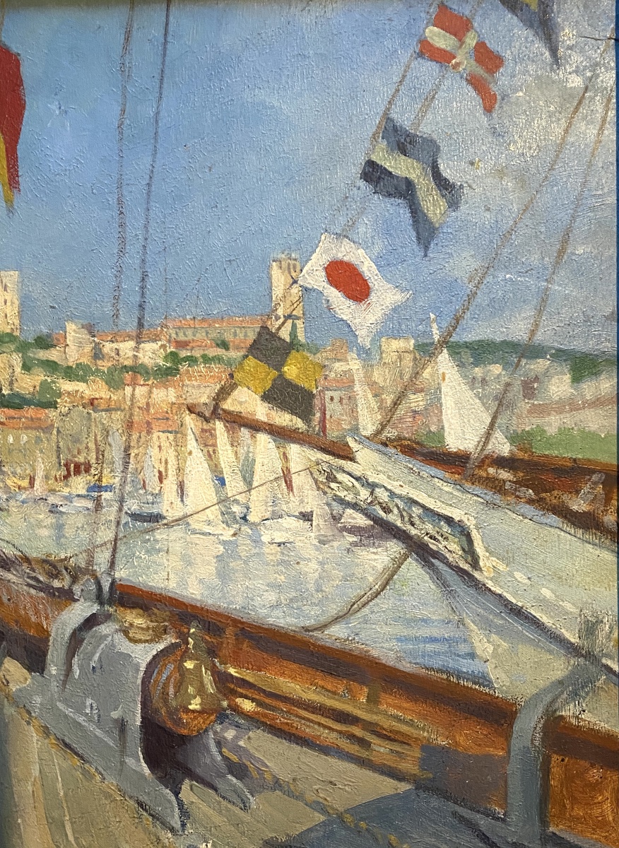 “ Ships Flying Flags. Port Of Cannes.” Framed Oil On Cardboard. Early 20th- French School.-photo-3