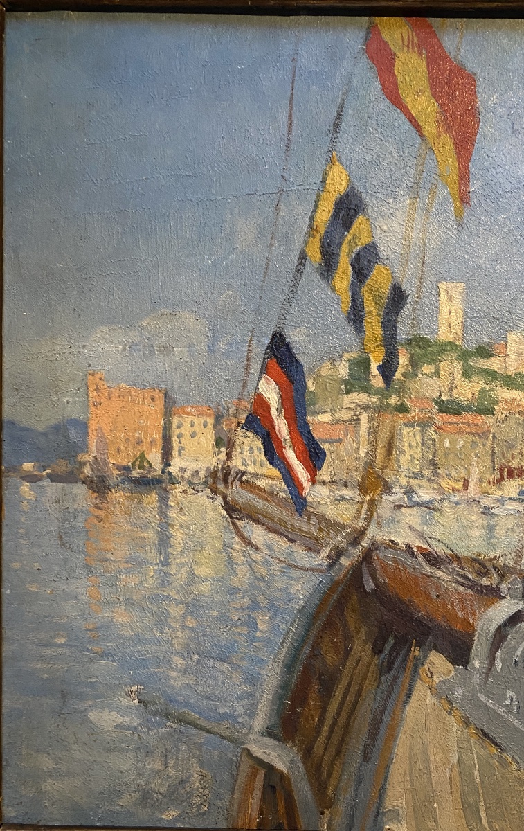“ Ships Flying Flags. Port Of Cannes.” Framed Oil On Cardboard. Early 20th- French School.-photo-4