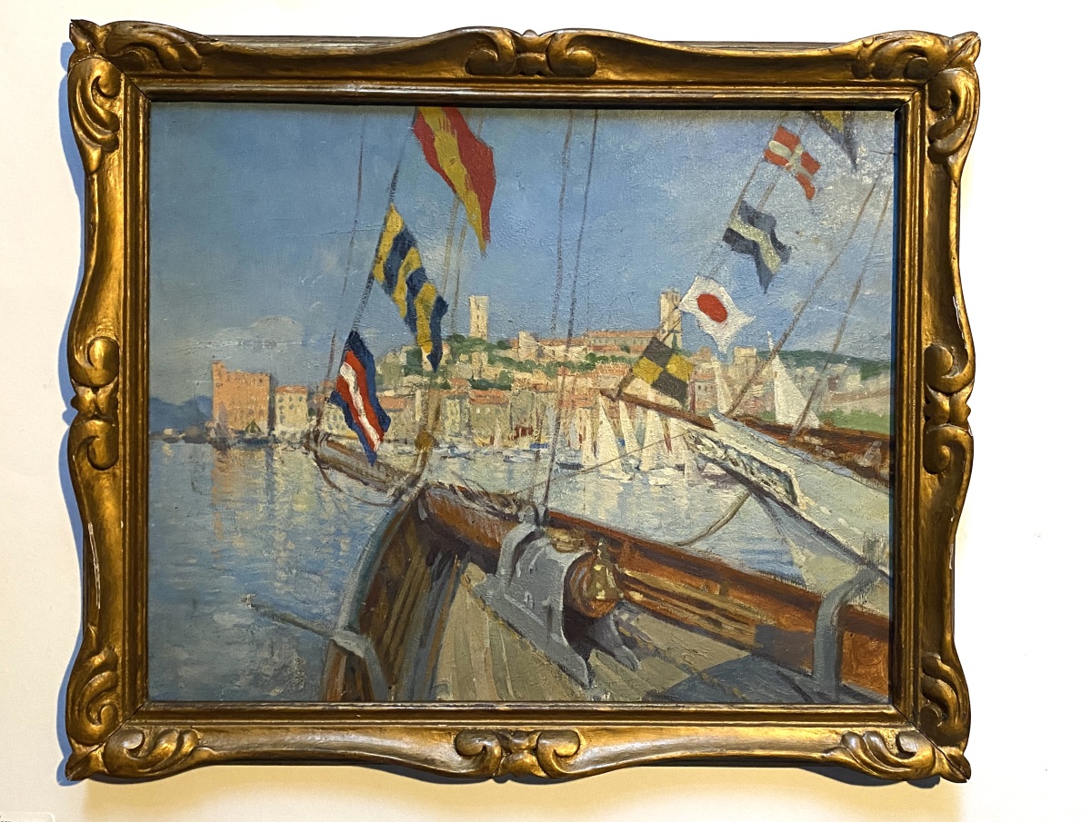 “ Ships Flying Flags. Port Of Cannes.” Framed Oil On Cardboard. Early 20th- French School.