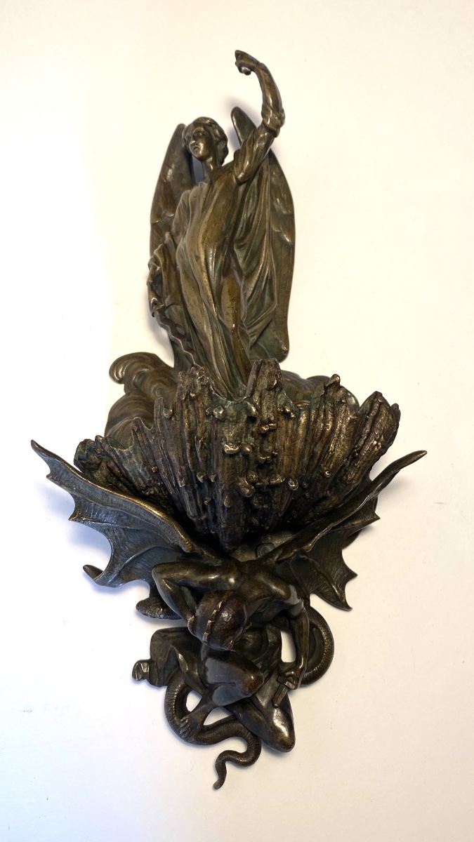 19th- Bronze Wall-mounted Holy Water Font. St. Michael Vanquishing The Devil/satan. -photo-3