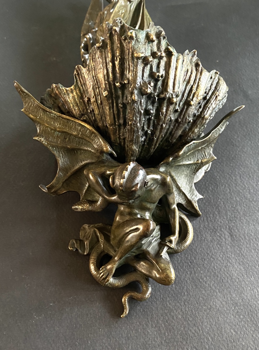 19th- Bronze Wall-mounted Holy Water Font. St. Michael Vanquishing The Devil/satan. -photo-5