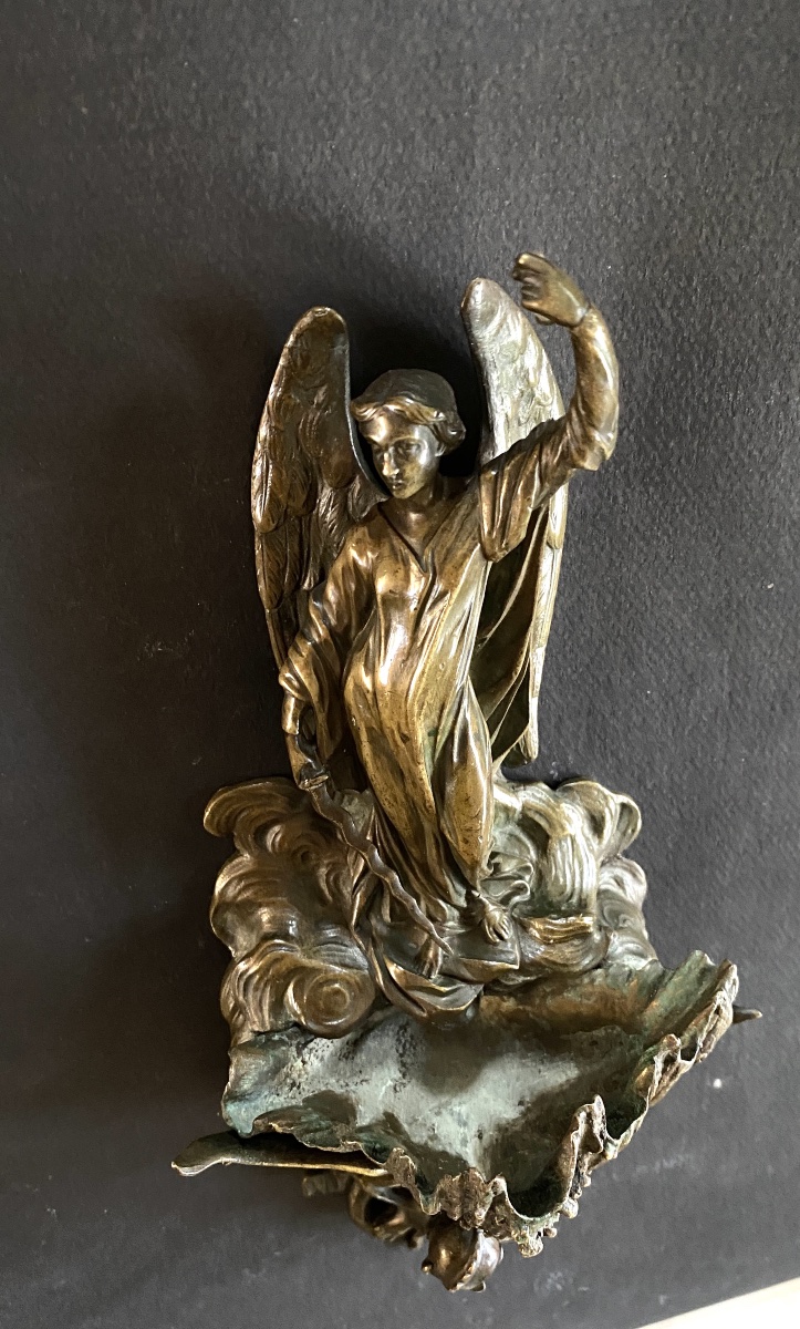 19th- Bronze Wall-mounted Holy Water Font. St. Michael Vanquishing The Devil/satan. -photo-6