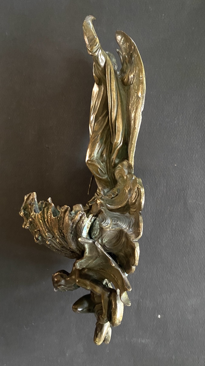 19th- Bronze Wall-mounted Holy Water Font. St. Michael Vanquishing The Devil/satan. -photo-7