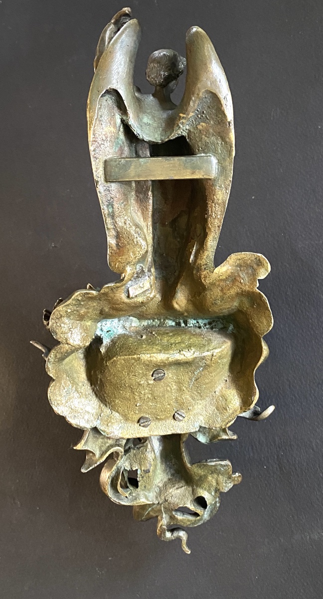 19th- Bronze Wall-mounted Holy Water Font. St. Michael Vanquishing The Devil/satan. -photo-8