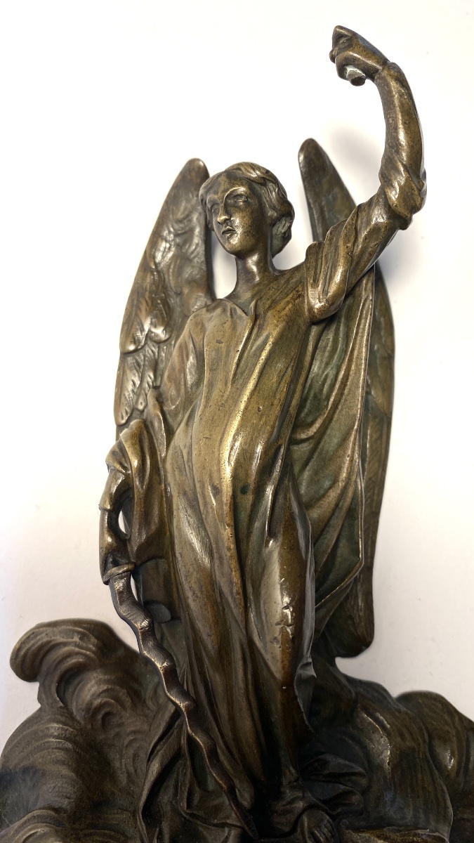 19th- Bronze Wall-mounted Holy Water Font. St. Michael Vanquishing The Devil/satan. -photo-1