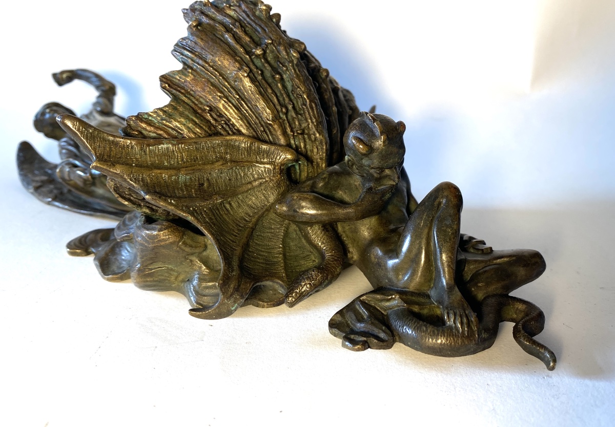 19th- Bronze Wall-mounted Holy Water Font. St. Michael Vanquishing The Devil/satan. -photo-2