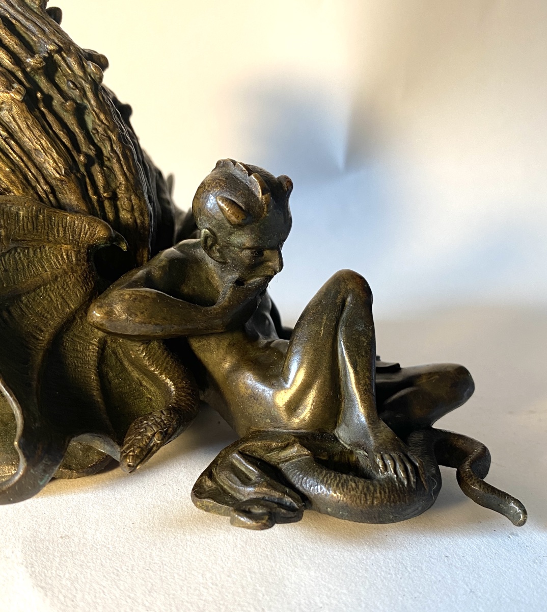 19th- Bronze Wall-mounted Holy Water Font. St. Michael Vanquishing The Devil/satan. -photo-3