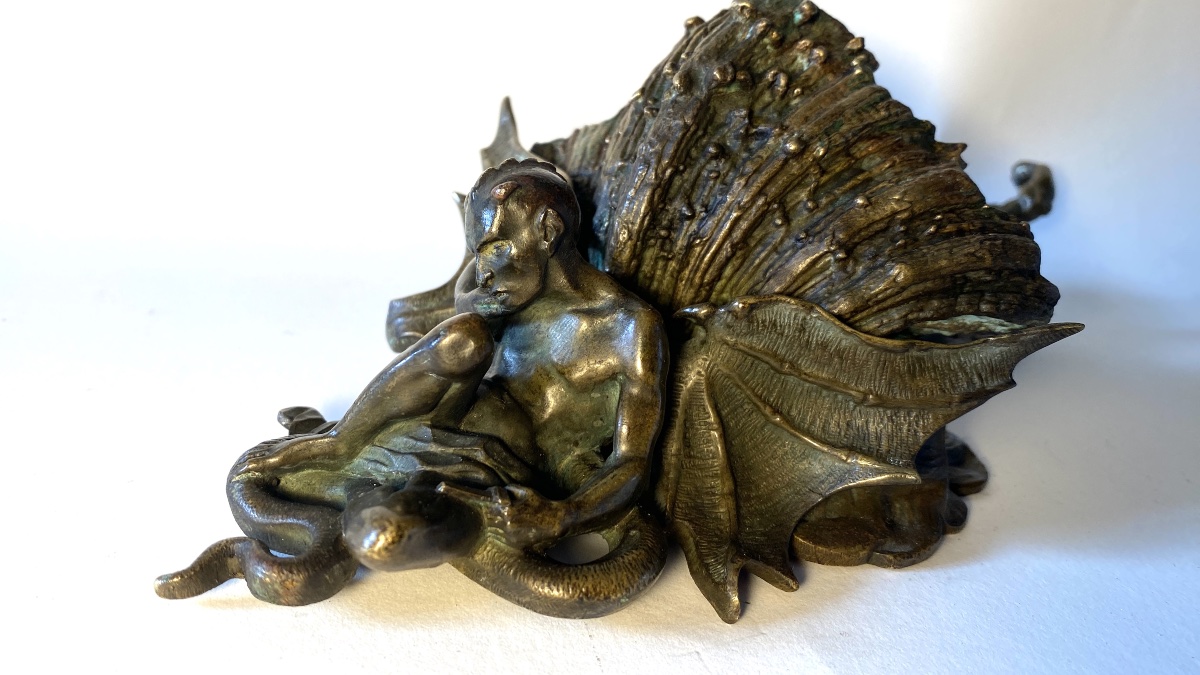 19th- Bronze Wall-mounted Holy Water Font. St. Michael Vanquishing The Devil/satan. -photo-4
