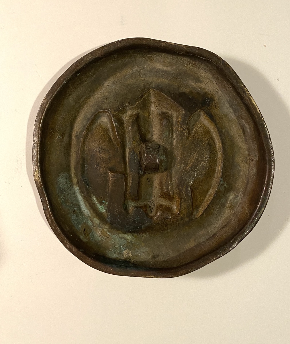 Large 19th Patinated Bronze Medallion. “tempus Fugit.” Winged Hourglass And Ivy Wreath. -photo-2