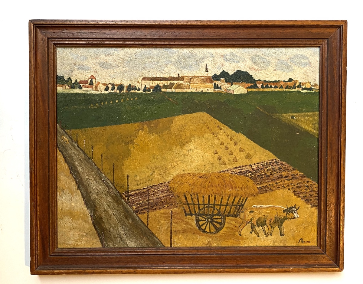 “country Landscape.” Framed Oil On Cardboard, Mid-20th Century. French Naïve School. 